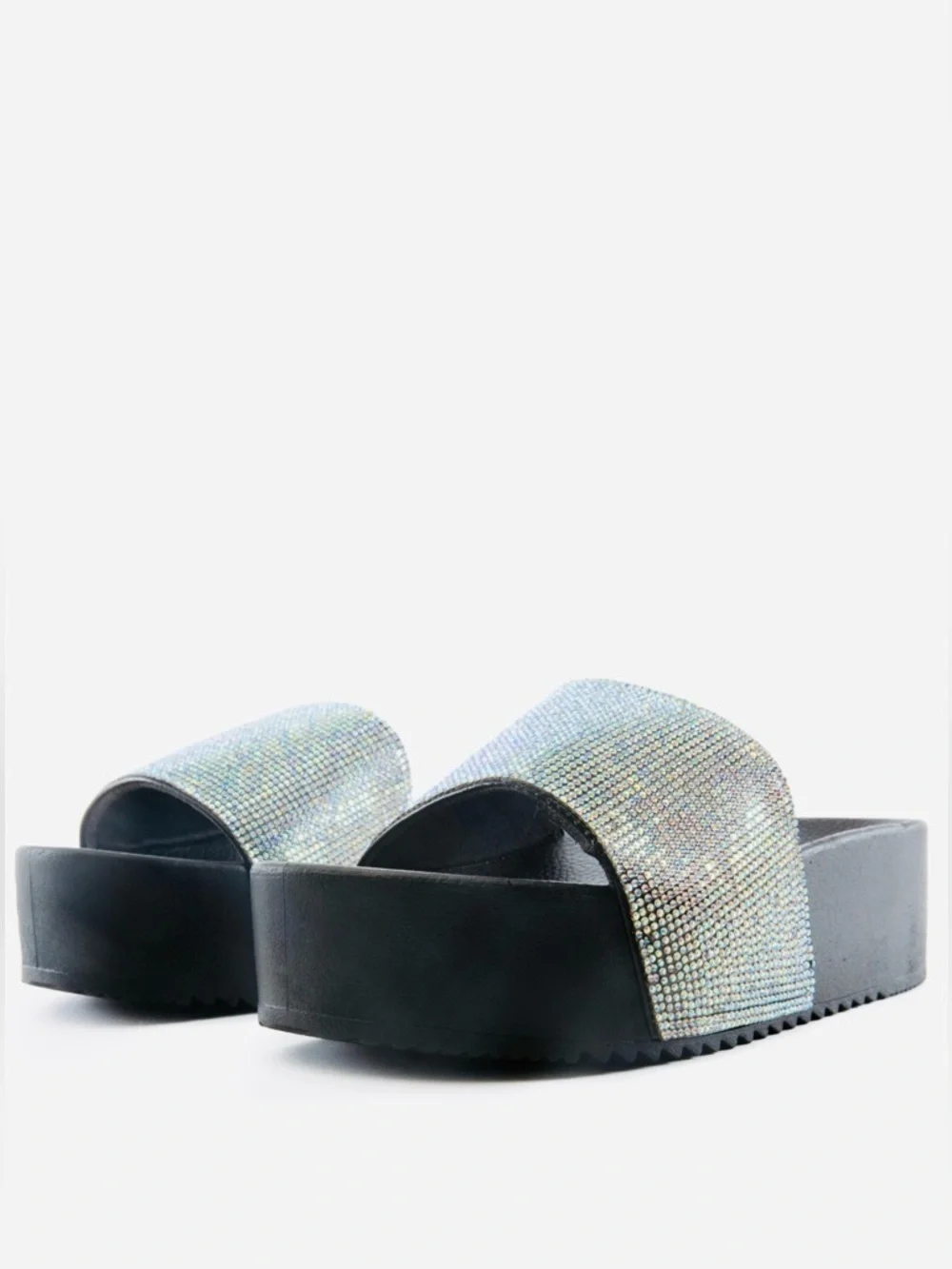 LILIANA ISSY-1 Black Holographic Rhinestone Platform Sandals